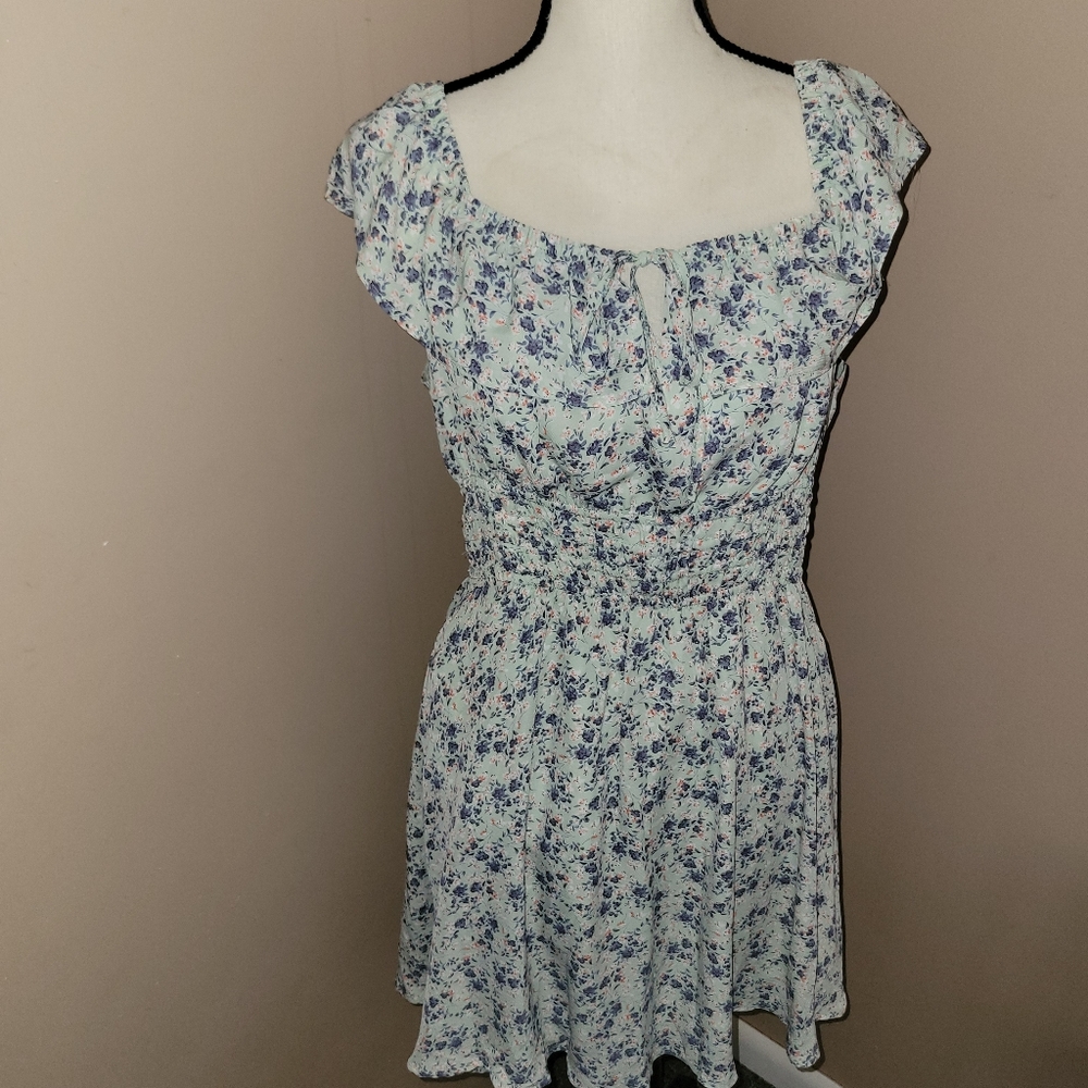 Blue Floral Scoop-Neck Mini Dress